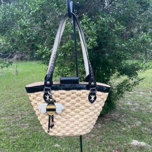 Wow Brighton Woven Straw Handbag Purse With Leather Trim Bee Charm Ladybug Studs